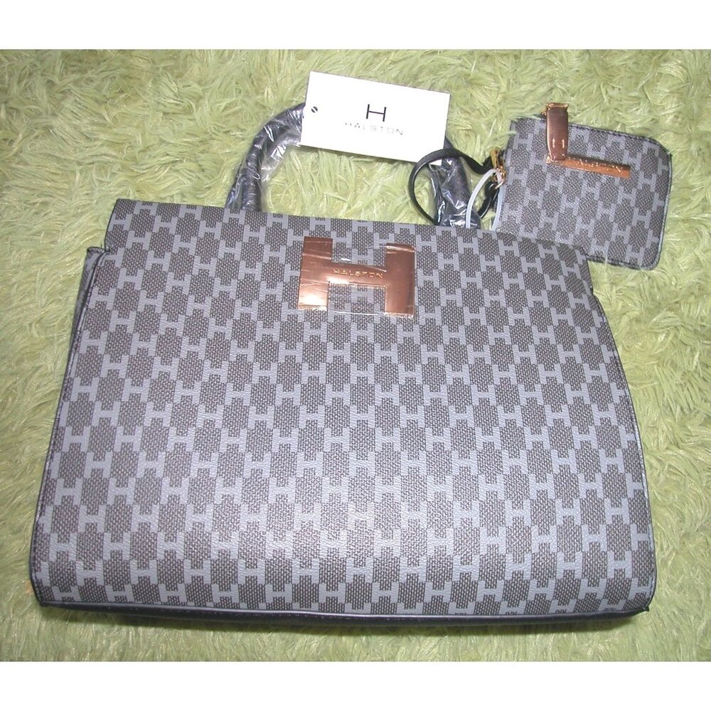 Halston Gray & Black Checkered Tote Bag With Coin Pouch